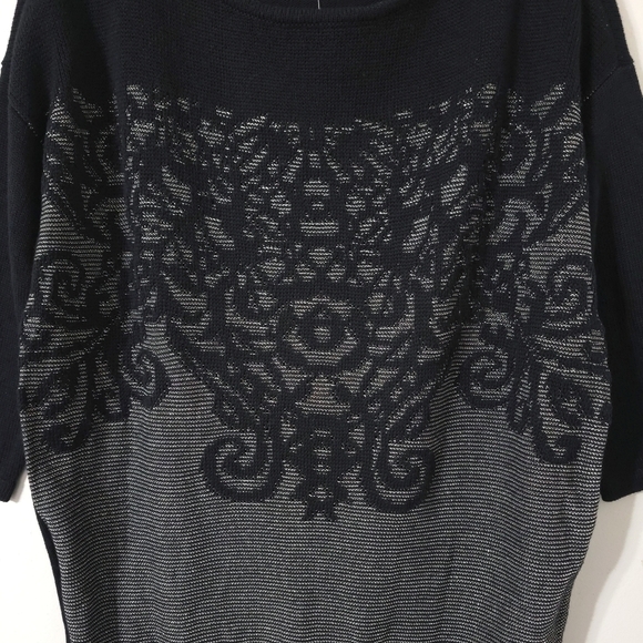 ROZ & ALI Half Sleeve Black Knit Sweater Blouse Metallic Jaquard Filagree Front - Picture 3 of 14